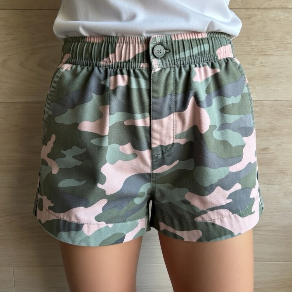 Aerie Pink and Green Camouflage Print Shorts, Size Small